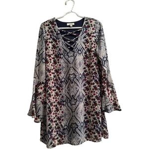 Speechless Floral Tunic Blouse, Large Bell Sleeves, Navy & White, Size: Large